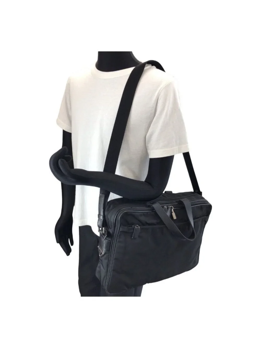 Prada Tessuto Saffiano 2-Way Black Silver Nylon Leather Business